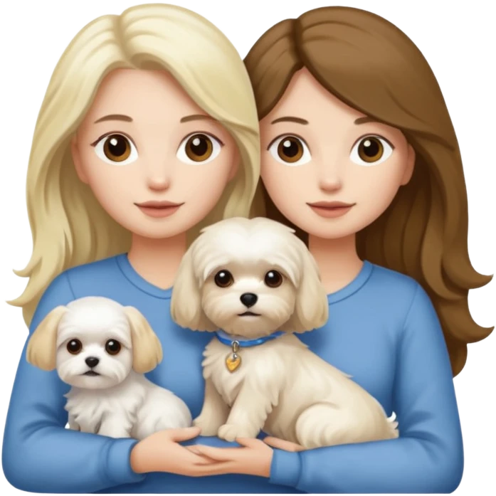 two women holding Maltese dog one is brunette the other is blonde long haired  emoji