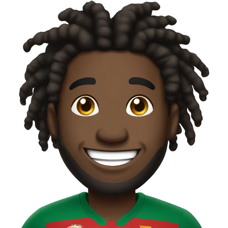  Young black man- 4 inch short black nappy messy dread locks-  low eyebrows - low eyes - no facial hair laughing Portugal jersey lean crazy smile  emoji