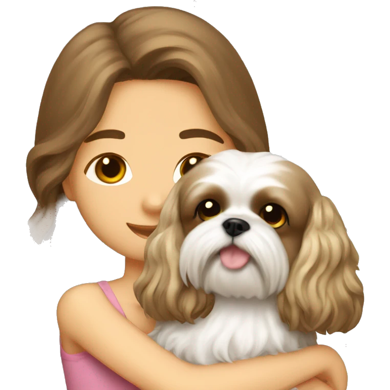 a girl with long, wavy brown hair hugging a Shih Tzu with blonde fur and a cute bow emoji