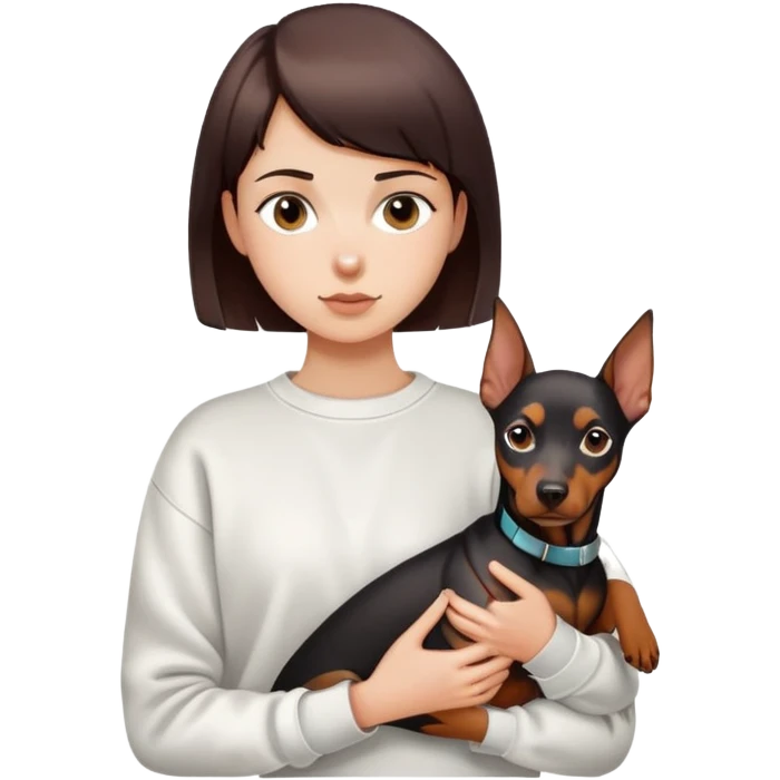 A short-haired girl in a white sweatshirt holding a Doberman emoji
