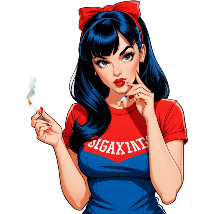 Sexy young pinup woman lighting up a cigarette she has long dark blue black hair with front bangs and she’s wearing a red t shirt  emoji