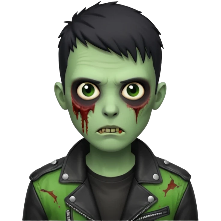 Hombre zombie de piel verde con chaqueta de cuero punk, pelo corto negro emoji