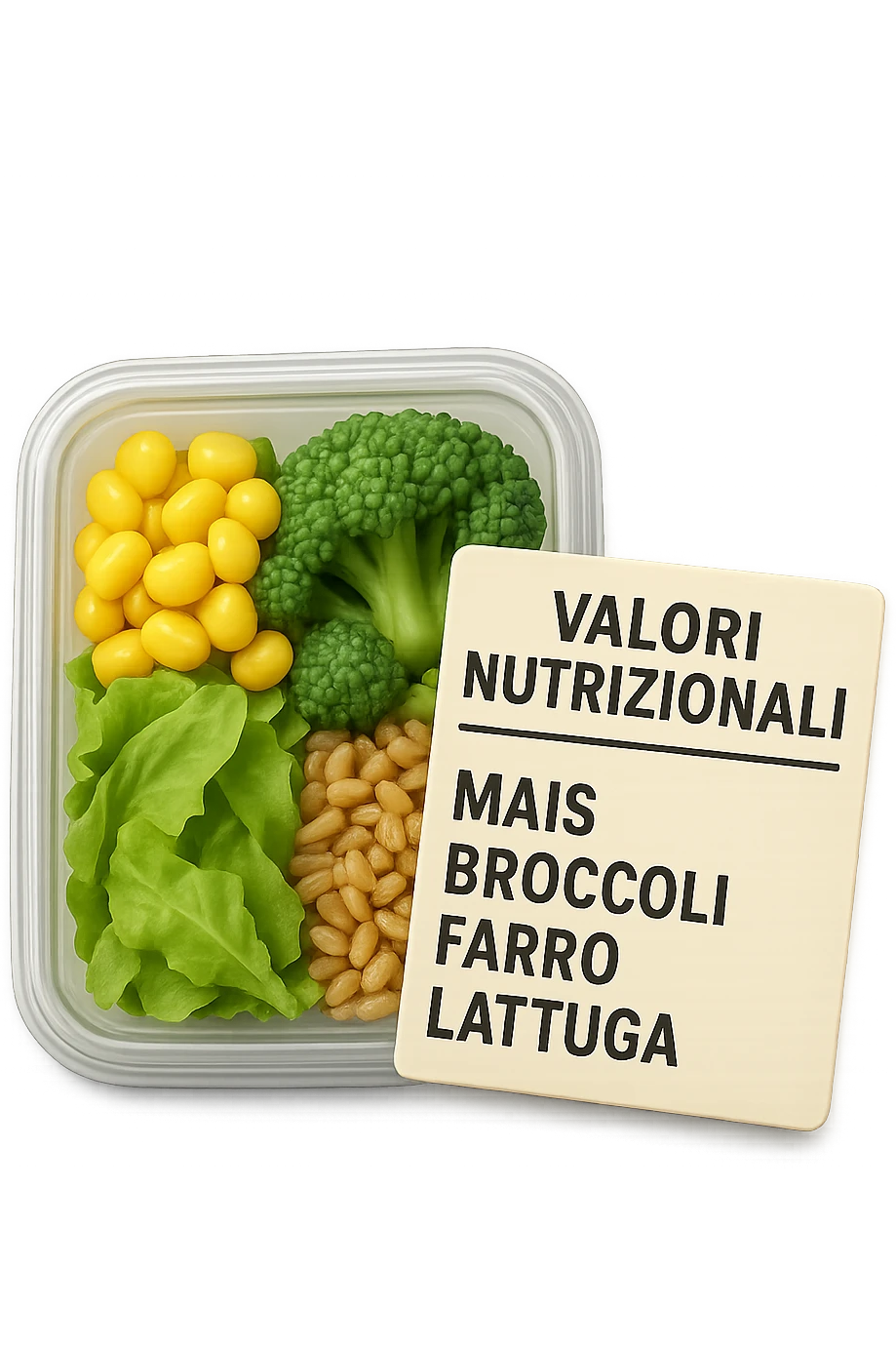 SU QUESTO STILE FAI UN EMOJI STILE IPHONE 3D DI UN INSALATA PRECONFEZIONATA DA SUPERMERCATO CON FOCUS SU ETICHETTA NUTRIZIONALE CON GLI INGREDIENTI IN ITALIANO TIPO: MAIS, BROCCOLI, FARRO, ACCANTO ALL'INSALATA CHE HA IN MANO C'è UN FOCUS SULL'ETICHETTA CON GLI INGREDIENTI SCRITTI, FALLO MOLTO REALISTICO IN 3D emoji