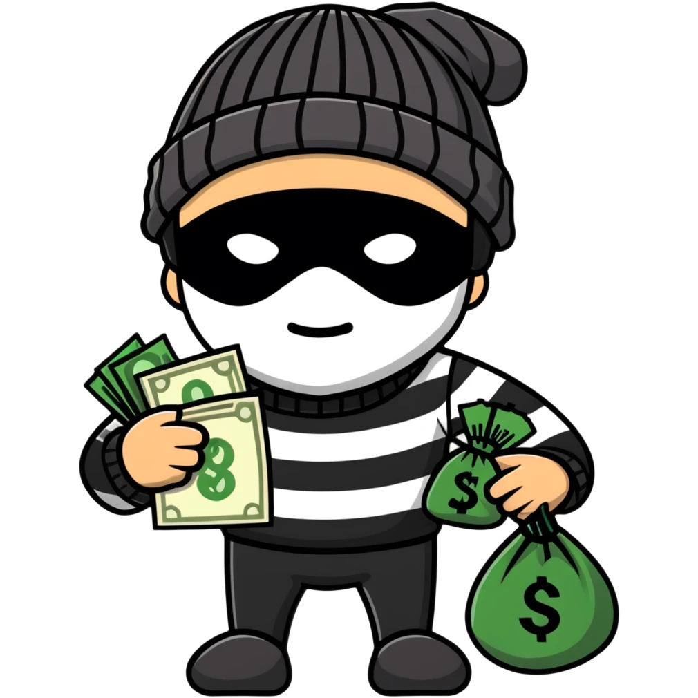 burglar wearing black and white striped shirt, black beanie, black mask over eyes, holding a moneybag emoji