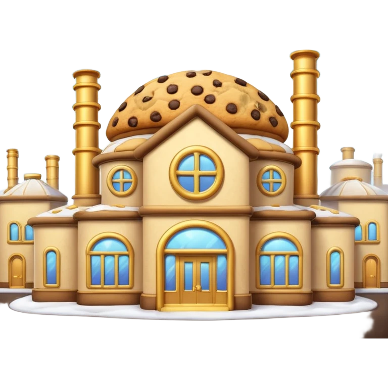 Exterior of a luxurious cookie factory with shiny golden pipes covering the walls and roof, steam clouds rising from vents, glowing windows, emoji-style emoji