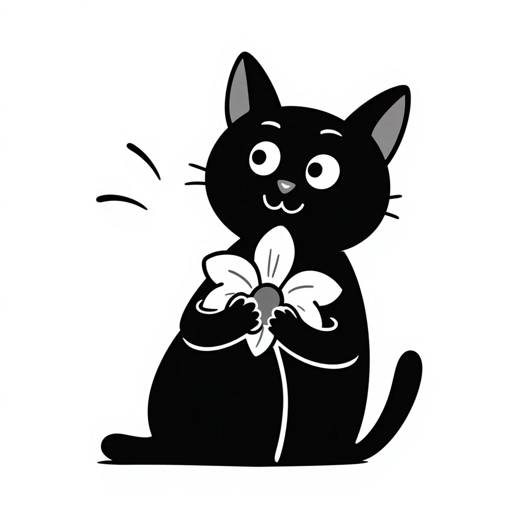 cat holding an orchid, hand drawn doodle style emoji