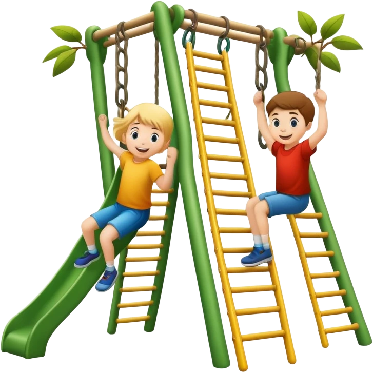 two children climbing a jungle gym, happy and energetic emoji