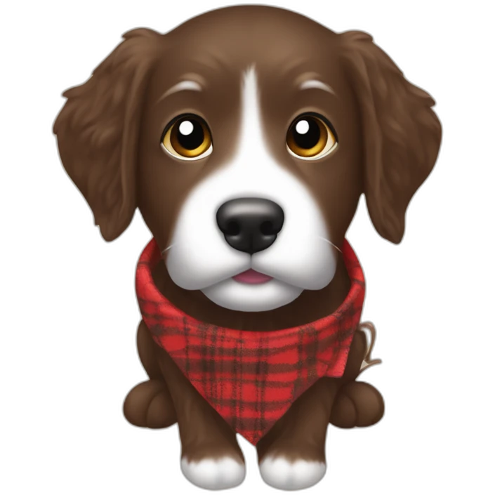 Chocolate brown colored doodle with a red and black flannel hankerchief holding a plush trout fish chew toy emoji