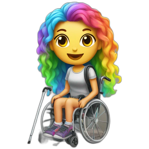 Disabled woman with crutches and rainbow hair in an abandoned building emoji
