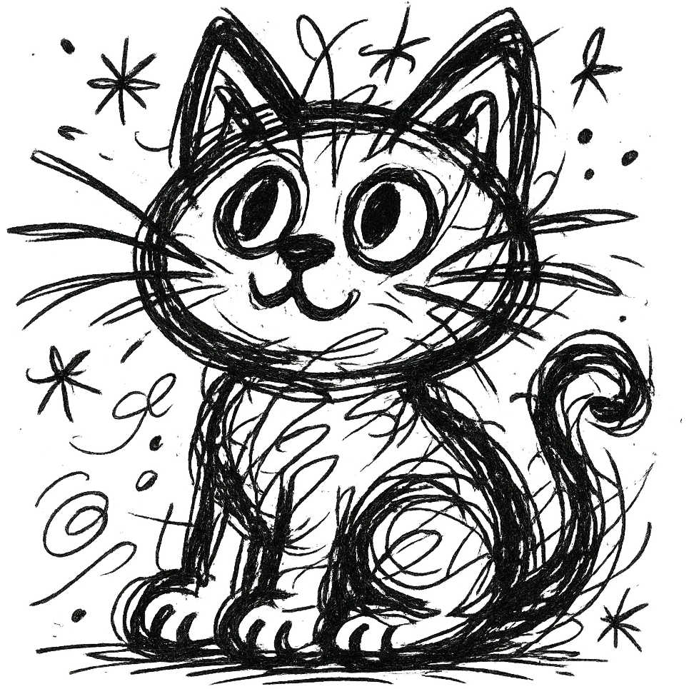 chaotic outlined icon of a cute kitten sitting and looking up, with wild scribbled lines emoji