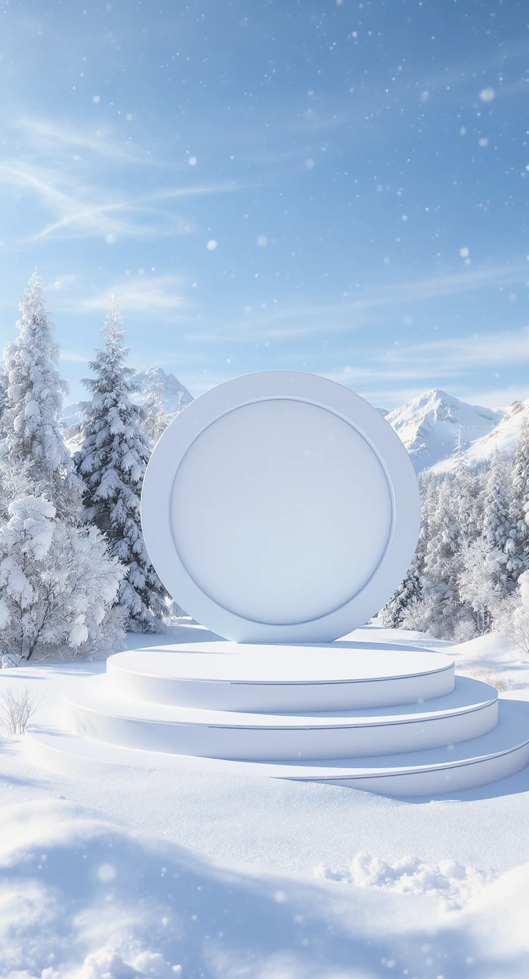 Cinematic still of a winter landcape, sunny day, white circle stage on middle, snowy,christmas tree in snow, in background we can see beautifull snowy landscape, soft light, symmetrical, day, captured on arri alexa --no curtains emoji