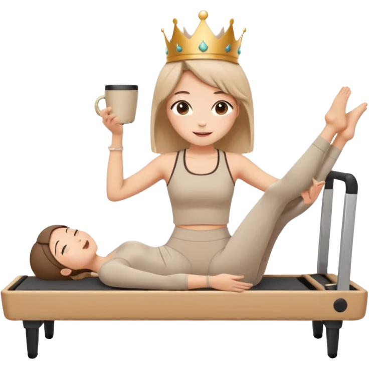 Cute sticker of a girl doing a Pilates stretch on a reformer while holding a cup of coffee in one hand. Wearing beige activewear and a small crown. Kawaii style, happy expression, vector, white outline, transparent background. emoji