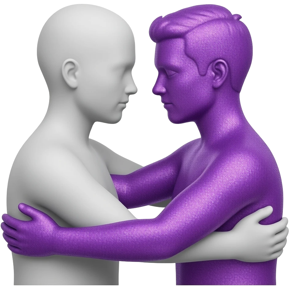 Two minimalist silhouettes huging, one basic and the other composed of purple glitter, symbolizing invisible disability and support emoji