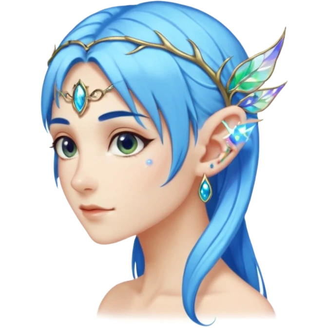 portrait of blue haired Elvish fae shiny sparkly iridescent translucent diaphanous ear climber ear cuff emoji