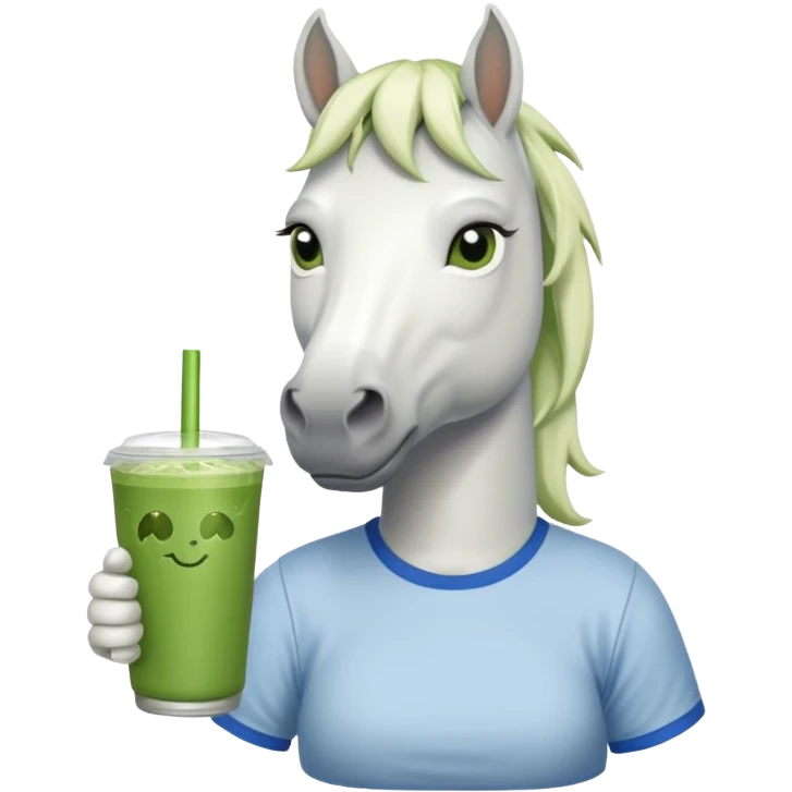  white horse with tshirt character holding matcha drink emoji