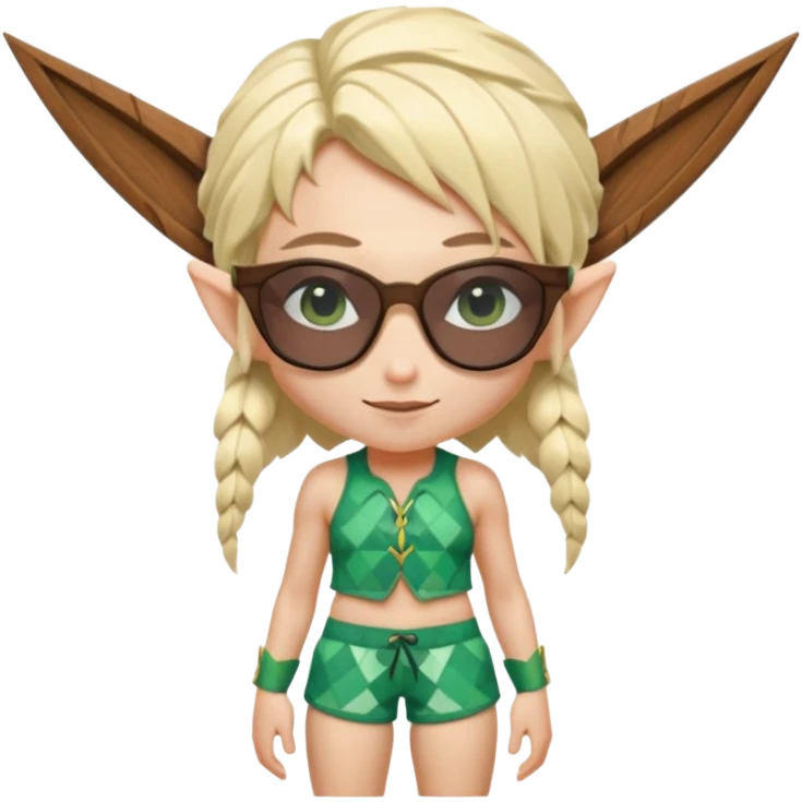 elf female legolas portrait, patterned board shorts (geometric/abstract), unique wooden-framed sunglasses, undercut hairstyle, slight smirk, visible pointy ears, no background, centered emoji, hipster summer vibe coctails emoji
