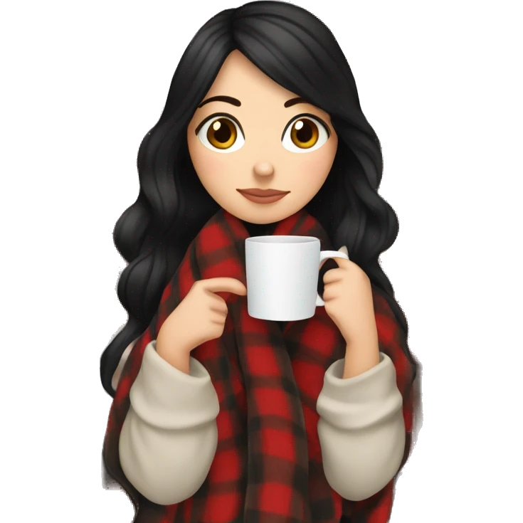 white girl black hair wrapped in cozy plaid blanket drinking a coffee emoji