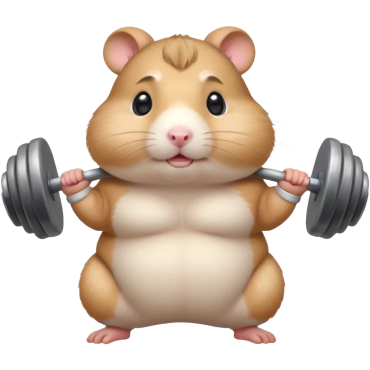 Cute cartoon-style chubby hamster standing upright, wearing a tiny sweatband, lifting oversized dumbbells with determined expression. Soft painterly shading, expressive eyes, white background, sticker-style illustration emoji