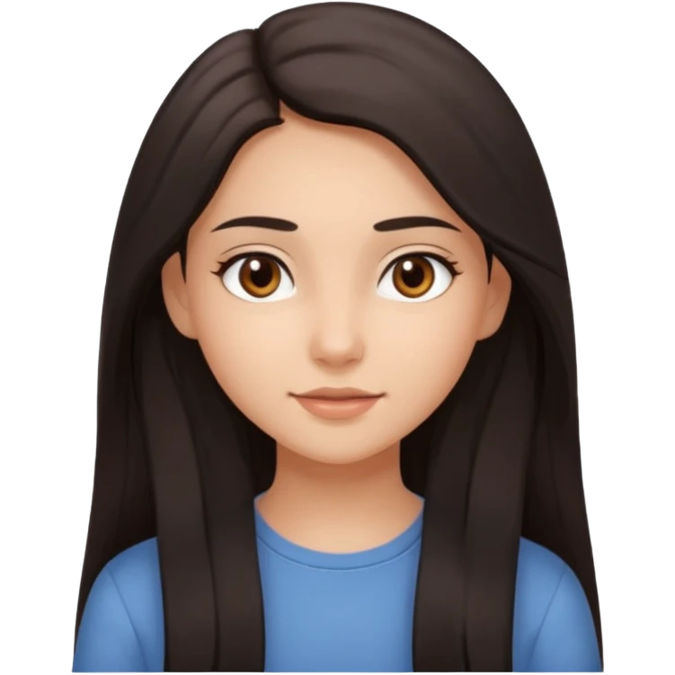 Create an Apple-style emoji of a young woman with long dark hair, brown eyes, natural look, smooth skin, soft shading, simple outfit, cute and friendly expression. emoji