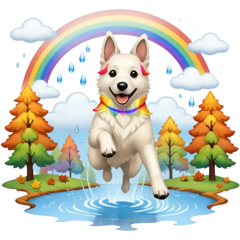 Beautiful White belgian Shepard jumping Cheerful  over Rain puddles. There is a rainbow in the sky and Autumn forest in the background emoji