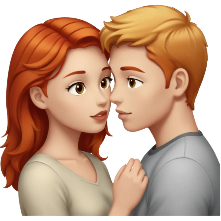 Red head girl with light skin and light brown eyes kissing a blonde boy with fair skin and brown eyes emoji