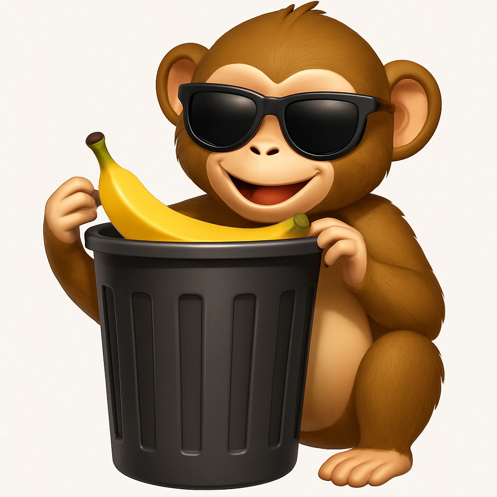 Add cool sunglasses to the silly monkey in the trash can, keeping the playful emoji style look. emoji