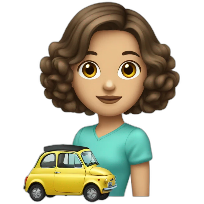 Girl-medium-hair-brunette-and-car-fiat-500-turquesa emoji