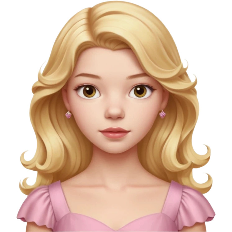 Cinematic Realistic Anya Taylor Joy Portrait, depicted with lifelike skin texture, subtle rosy undertones, and soft natural lighting that enhances the gentle contours of her face. Her intricately detailed golden blonde hair is elegantly wavy, and pink dress corquette emoji