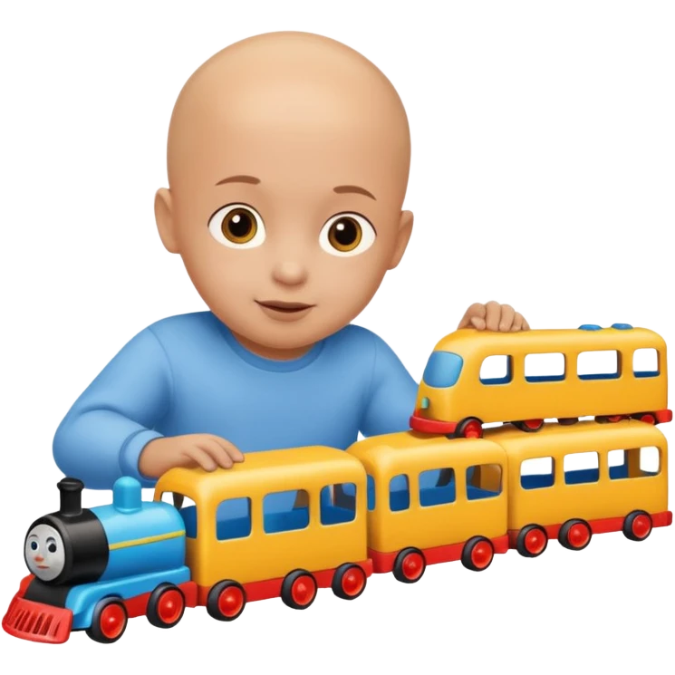 bald child playing with both toy cars and trains emoji