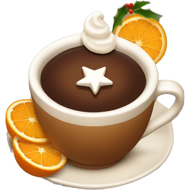 christmas tea with oranges, cinnamon and whipped cream in brown cup emoji