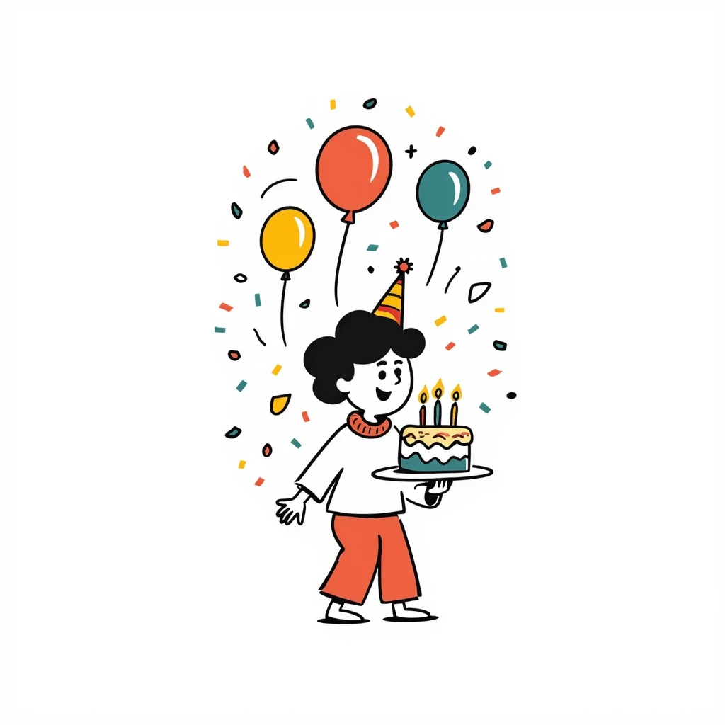 Vibrant, multi-colored illustration of a little boy with a colorful birthday cake, lots of colorful confetti, balloons, and party elements. Below the illustration, in a separate text area, write in very clear, large Persian characters: "امیدرضا جان تولدت مبارک" emoji