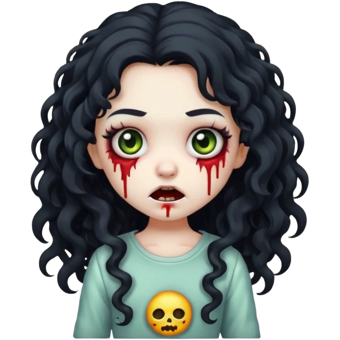 chibi zombie girl with long black curly hair and a white streak, creepy expression, makeup, iPhone emoji style emoji