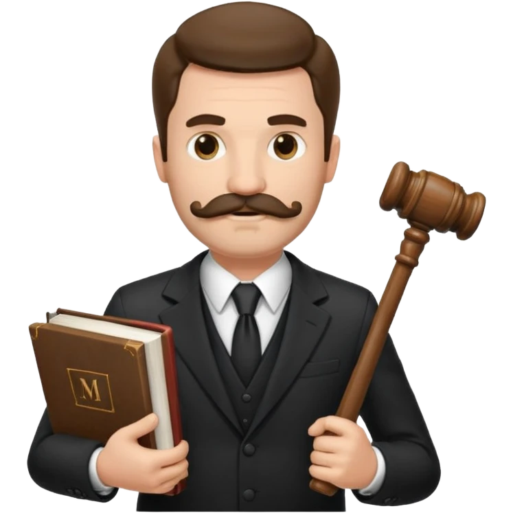 Create a male lawyer. he is wearing a fromal suit jckeret. He is holding a gavel in one hand and a book tucked under his another arm. He has a mustache and BEARD both! emoji