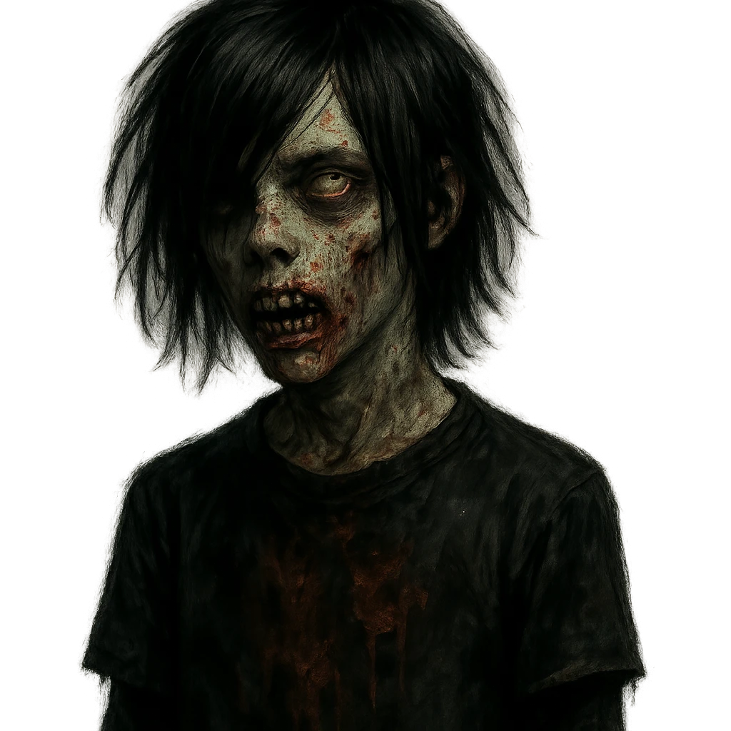boy zombie with black medium-long hair, dark emo style, dark and moody vibe emoji
