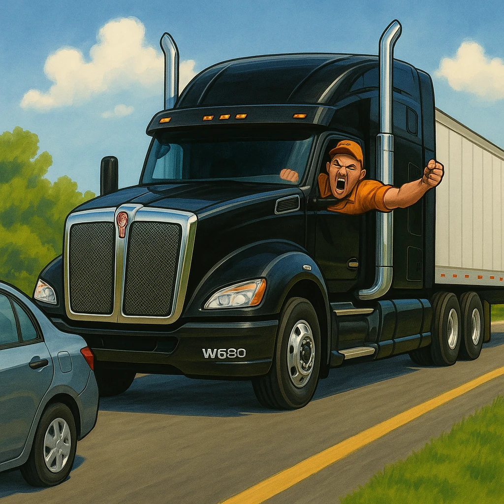 Zoom the scene out so the view is a little farther away, showing more of the road and both vehicles. Keep the black Kenworth W680 semi with chrome stack, angry bald driver in orange shirt and baseball cap, arm out the window, following a car. Scene should remain bright and vibrant. emoji