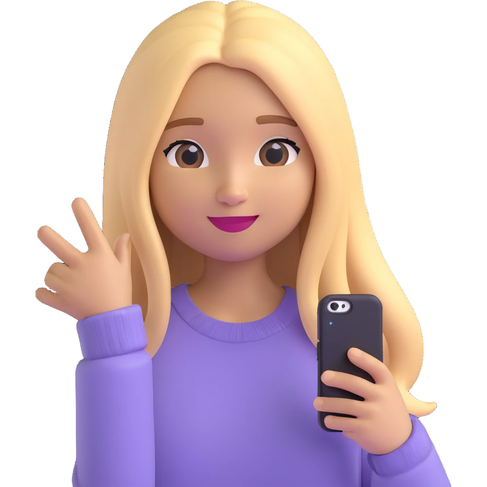 3D emoji style character with long straight blonde hair, light skin, soft expression, wearing a light sweater, selfie pose emoji