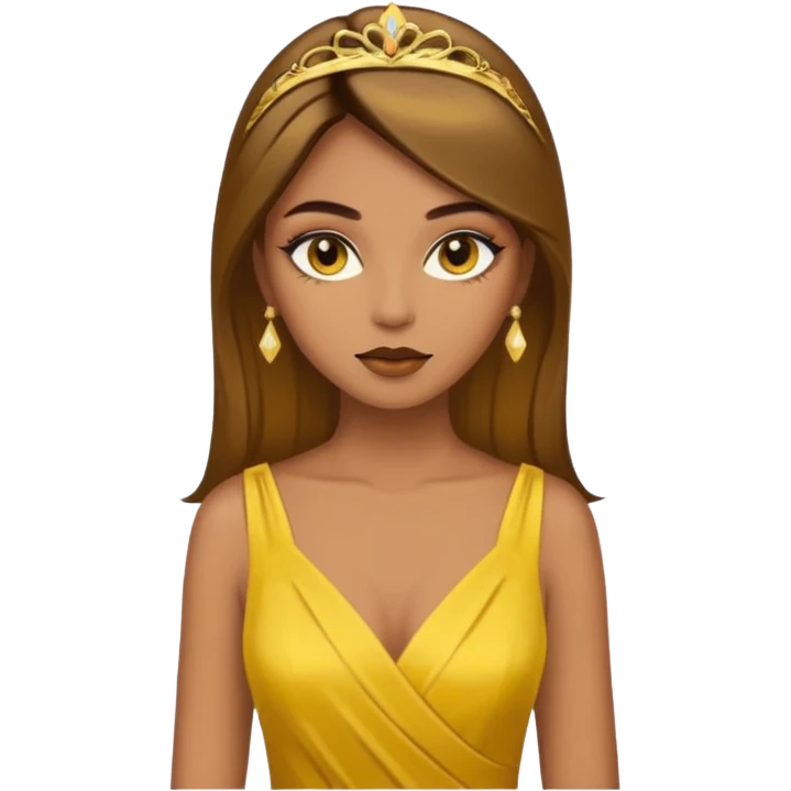Woman using a long elegant yellow dress. She has medium skin tone and a brown with gold makeup emoji