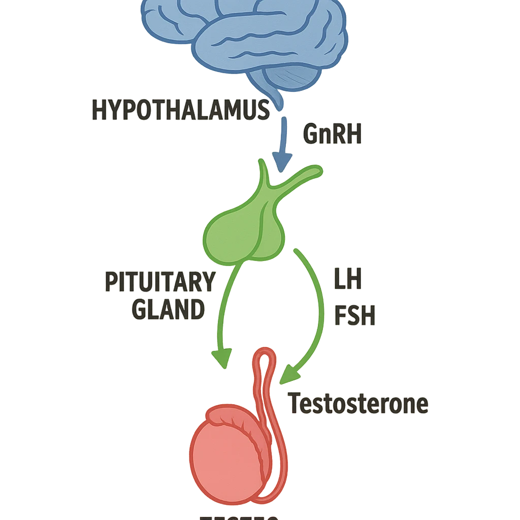 clear and realistic infographic of the HPT axis (hypothalamus-pituitary-testes): showing hypothalamus, pituitary gland, and testes connected by arrows, including hormone names (GnRH, LH, FSH, testosterone), simple diagram, distinct colors for each part, isolated on white background emoji