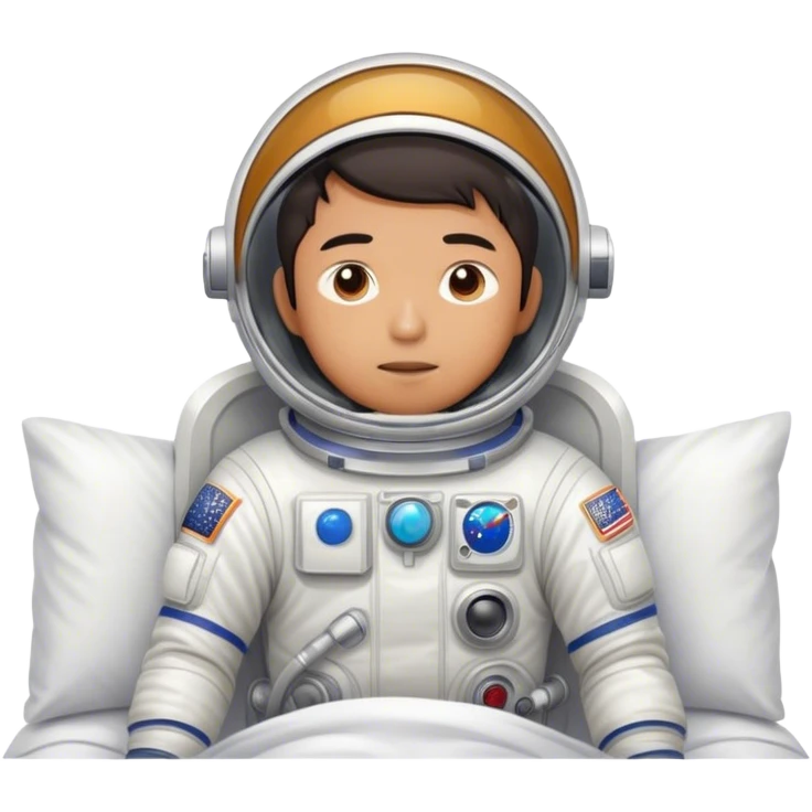 Asian man wearing in astronaut wakeup from the bed looking lazy with sun emoji