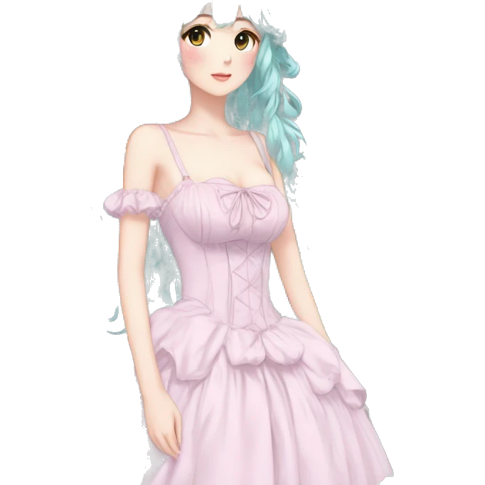gorgeous pretty attractive anime lady beautiful hair with gorgeous dress fairycore cottagecore pastelcore detailed high quality trending VOGUE aesthetic full body emoji