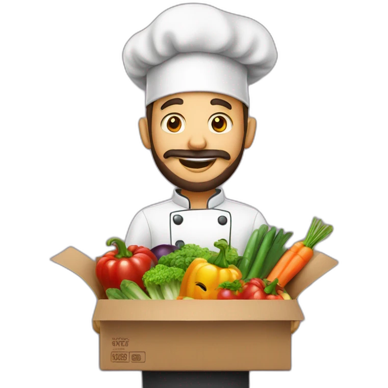 A CHEF WITH A SURPRISE BOX full of vegetables with no hat chef and a beard emoji