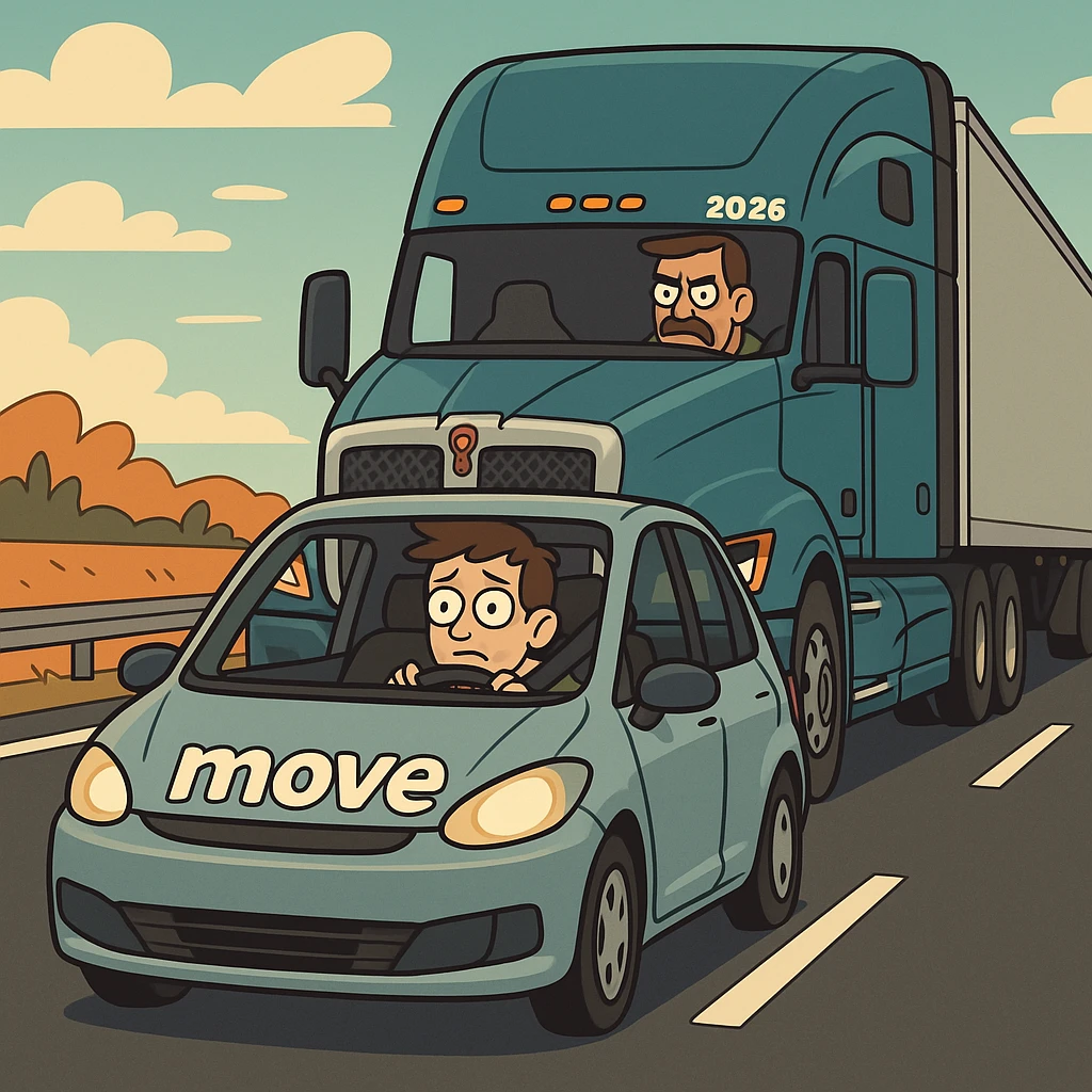 modern semi truck 2026 Kenworth W680 following a car on the highway, the car has 'move' written on it, playful, bold lines, vibrant colors emoji
