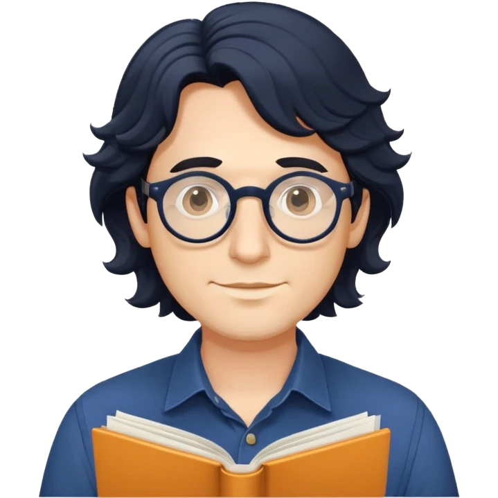 Man with longer wavy black hair, round glasses, dark blue buttoned shirt, holding program booklet for a play emoji