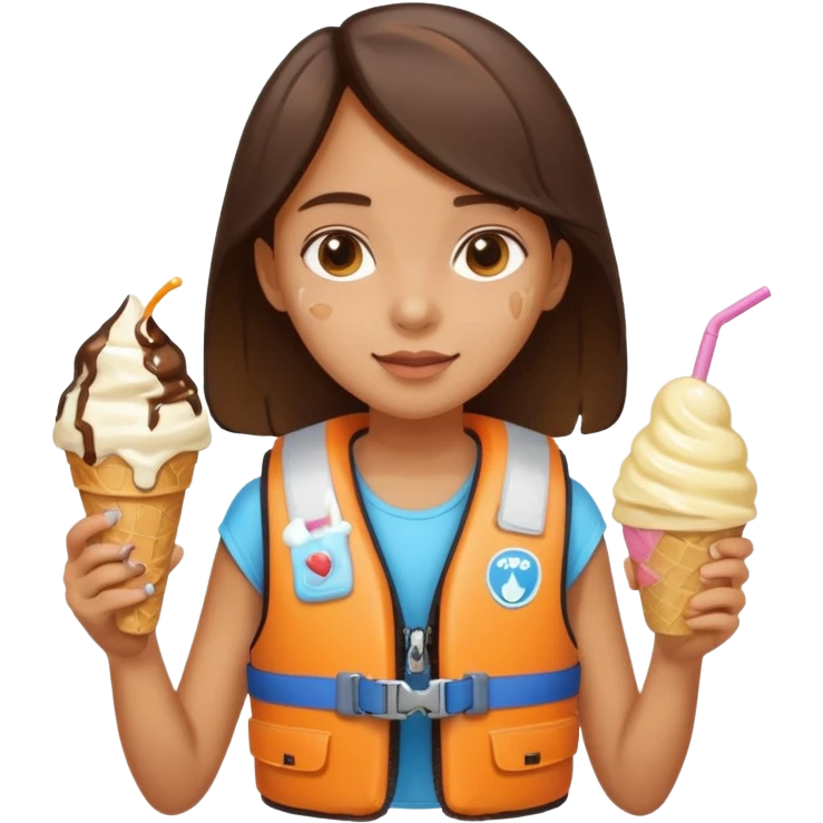 girl kid wearing lifejacket, holding ice cream emoji