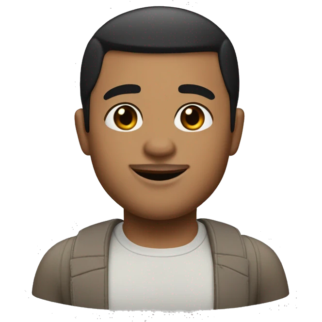 Create a man memoji with an oval face, slightly tanned skin, short black buzz cut hair, thick black eyebrows, medium-sized almond-shaped dark eyes, a straight well-proportioned nose, and moderately thick smiling lips. emoji