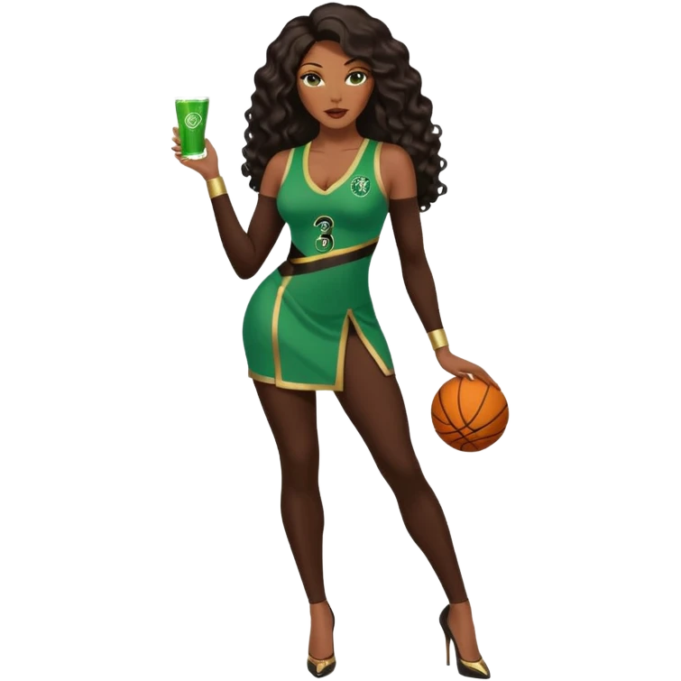 A 47-year-old dark chocolate ebony black woman with brown eyes, long body wave black brown baylaige hair dressed in sexy 
celtics jersey costume outfit and stilettos  emoji