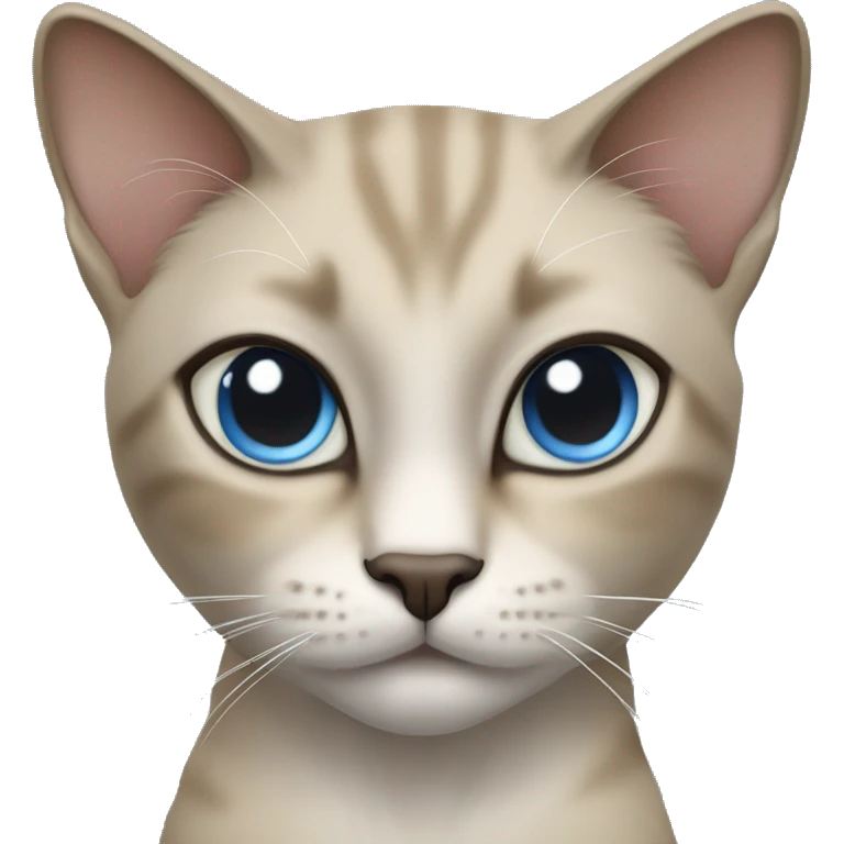 Thai breed cat with a light cream-brown body, dark gray face, ears, and paws. Short fur, sharp ears, and striking light blue eyes with an intense gaze. emoji