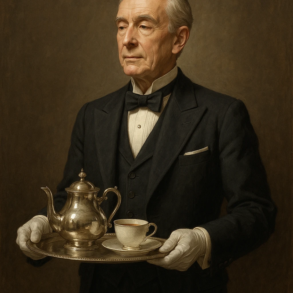 a sophisticated butler, bow tie, serving tea, refined and dignified expression, elegant and formal attire emoji