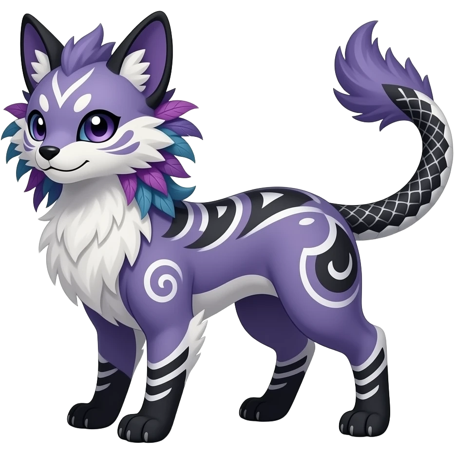 Slim elegant realistic Asian Furry, tribal-marked-patterned feathery fluffy tropical flecked painted feathery scaly, Purple, white, black, Minccino-Bambino-Lykoi-Linoone-Zangoose-fusion-hybrid-animal-Fakémon-creature, full body, thin long sleek scaly tail, intricate markings emoji