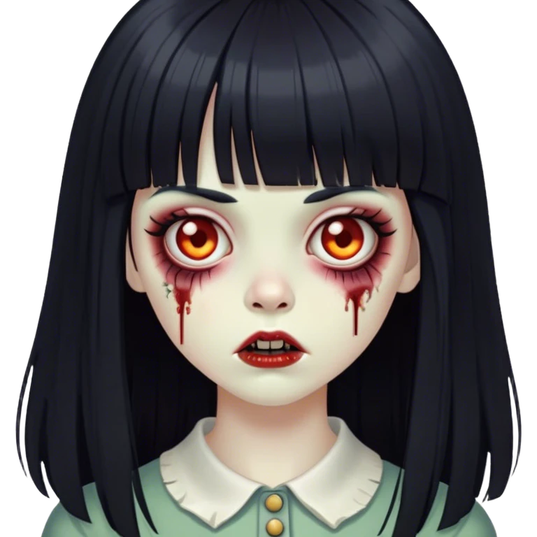 vintage zombie girl, long black straight hair with bangs emoji